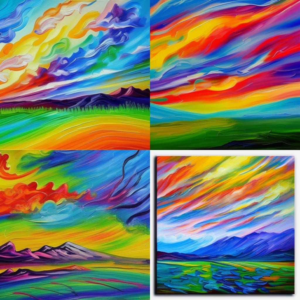Neon Rainbow Swirls Over Mountains: Impressionist Painting