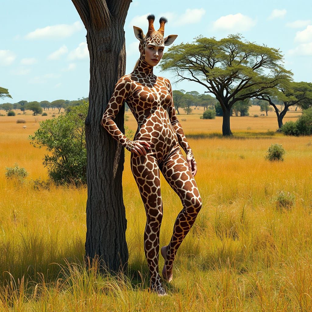 Surreal Giraffe Woman Leans Against Tree in Vibrant Savannah