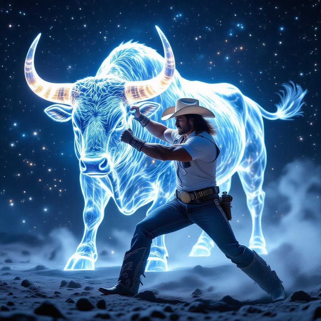 Muscular Cowboy Grapples Cosmic Bull in Starry Expanse
