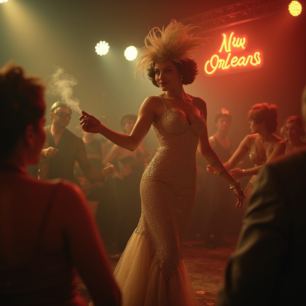 Vintage Cabaret Dancer on Smoky New Orleans Stage