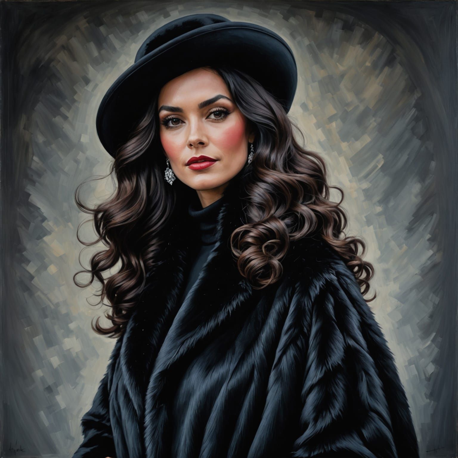 Elegant Woman in Luxurious Coat and Mink Hat, Oil Painting