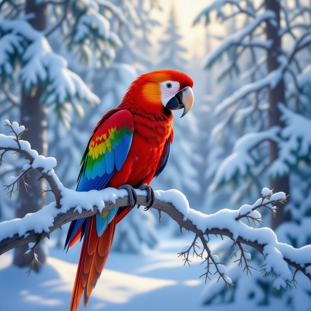 Vibrant Macaw on Snowy Branch in Winter Forest