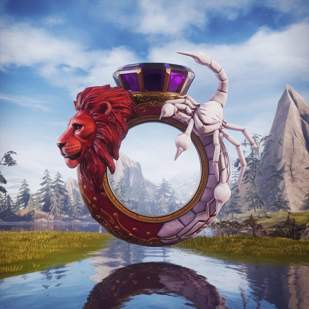 Lion and Scorpion Ring in Fantasy Landscape