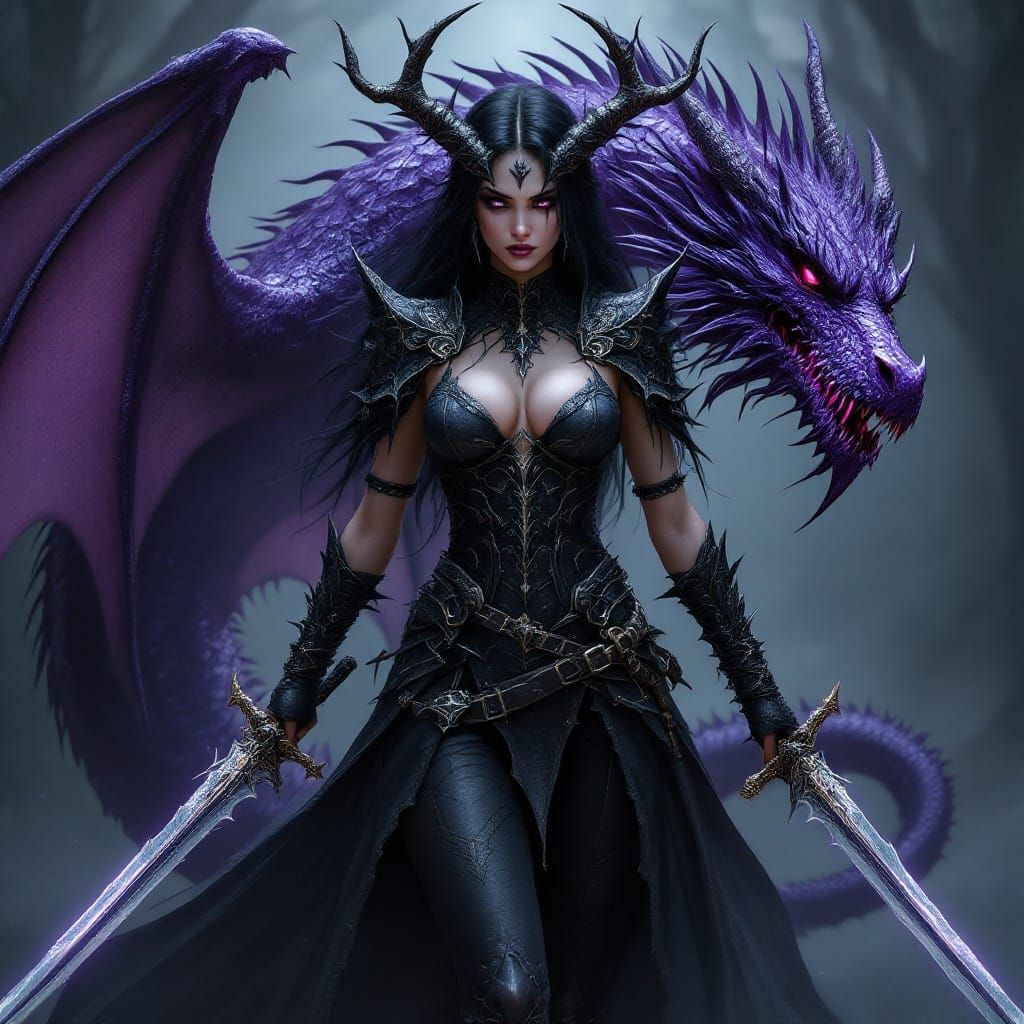 Gothic Female Warrior Empowered by a Majestic Purple Dragon