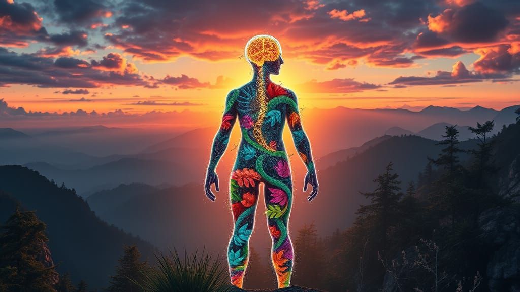 Ethereal Bioluminescent Figure in Surreal Sunset Landscape