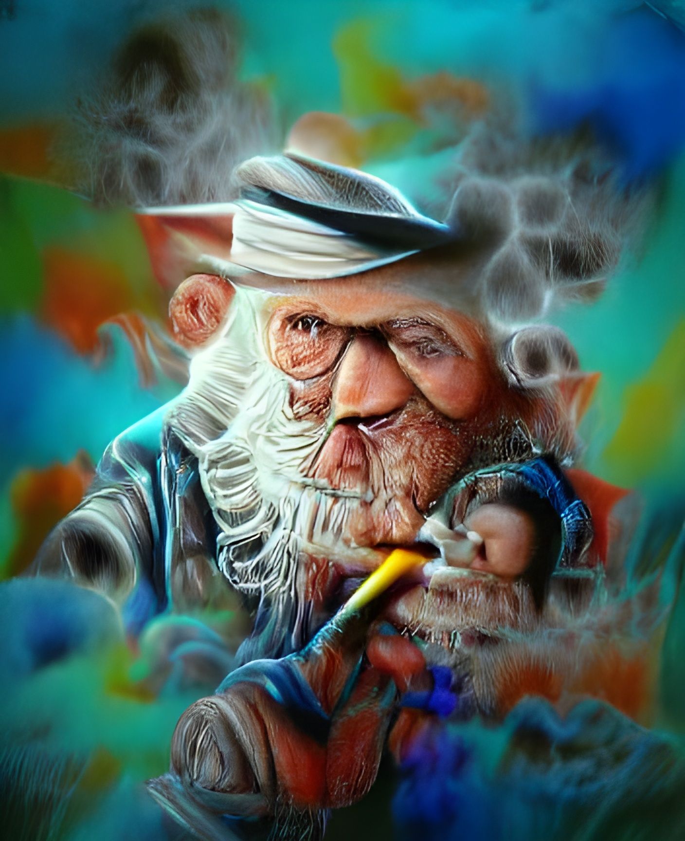 Elderly Man Smoking: Naive Imagination Art