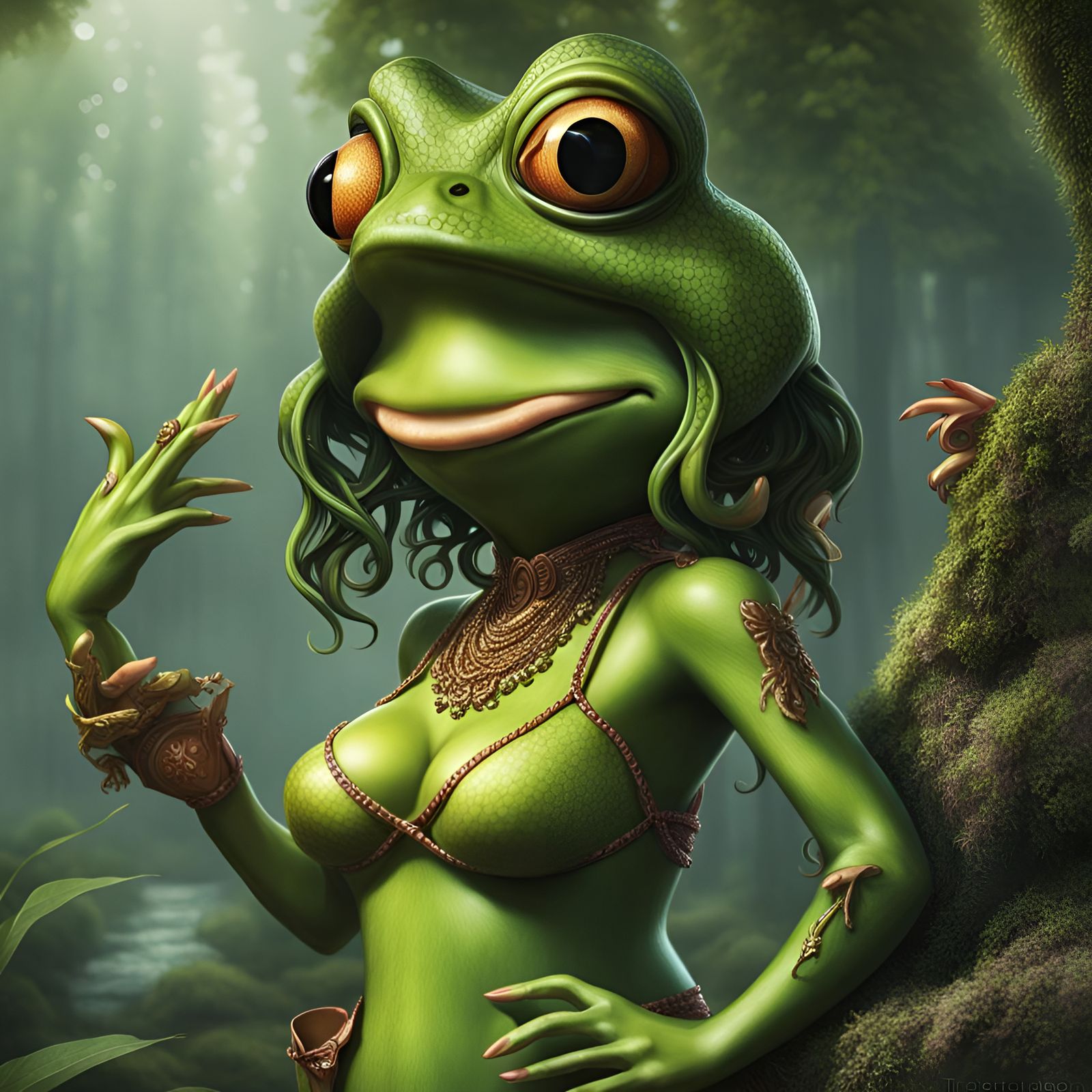 Anthropomorphic Frog Girl Album Cover in 8k