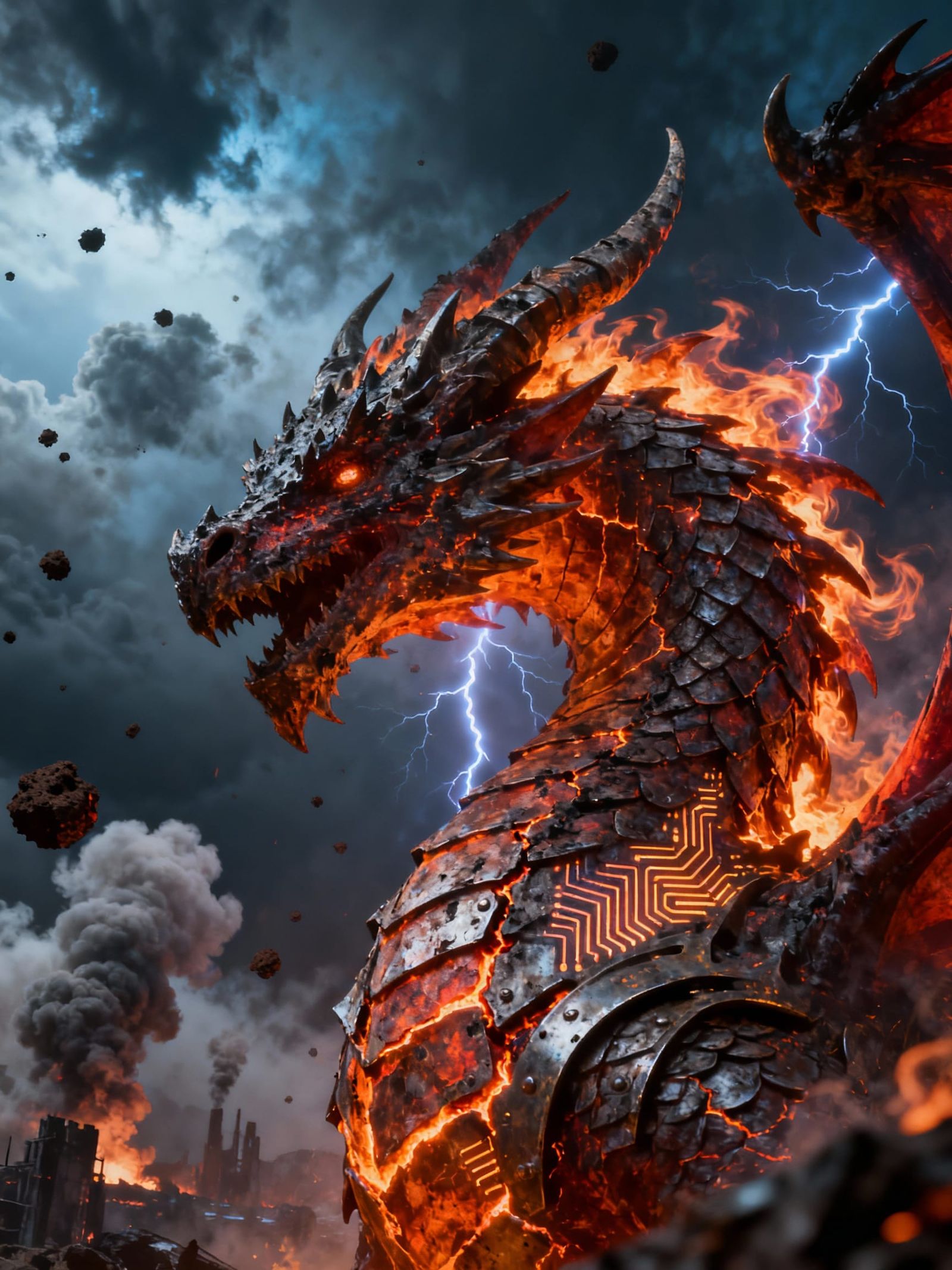 Colossal Fire Dragon in Stormy Sky