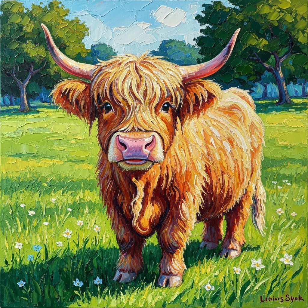 Fluffy Highland Cow in Lush Meadow Impasto Painting