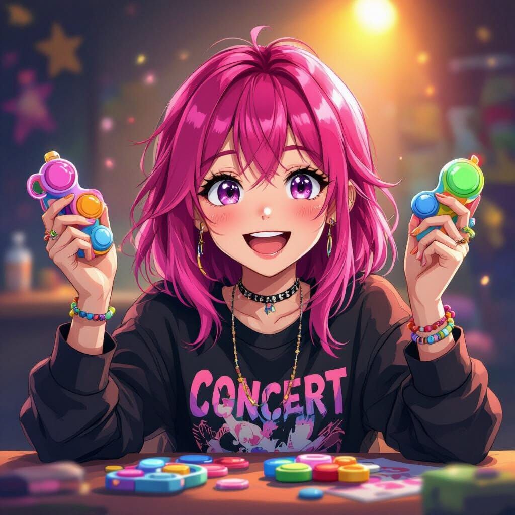 Anime Girl with Pink Hair Plays with Fidget Toys