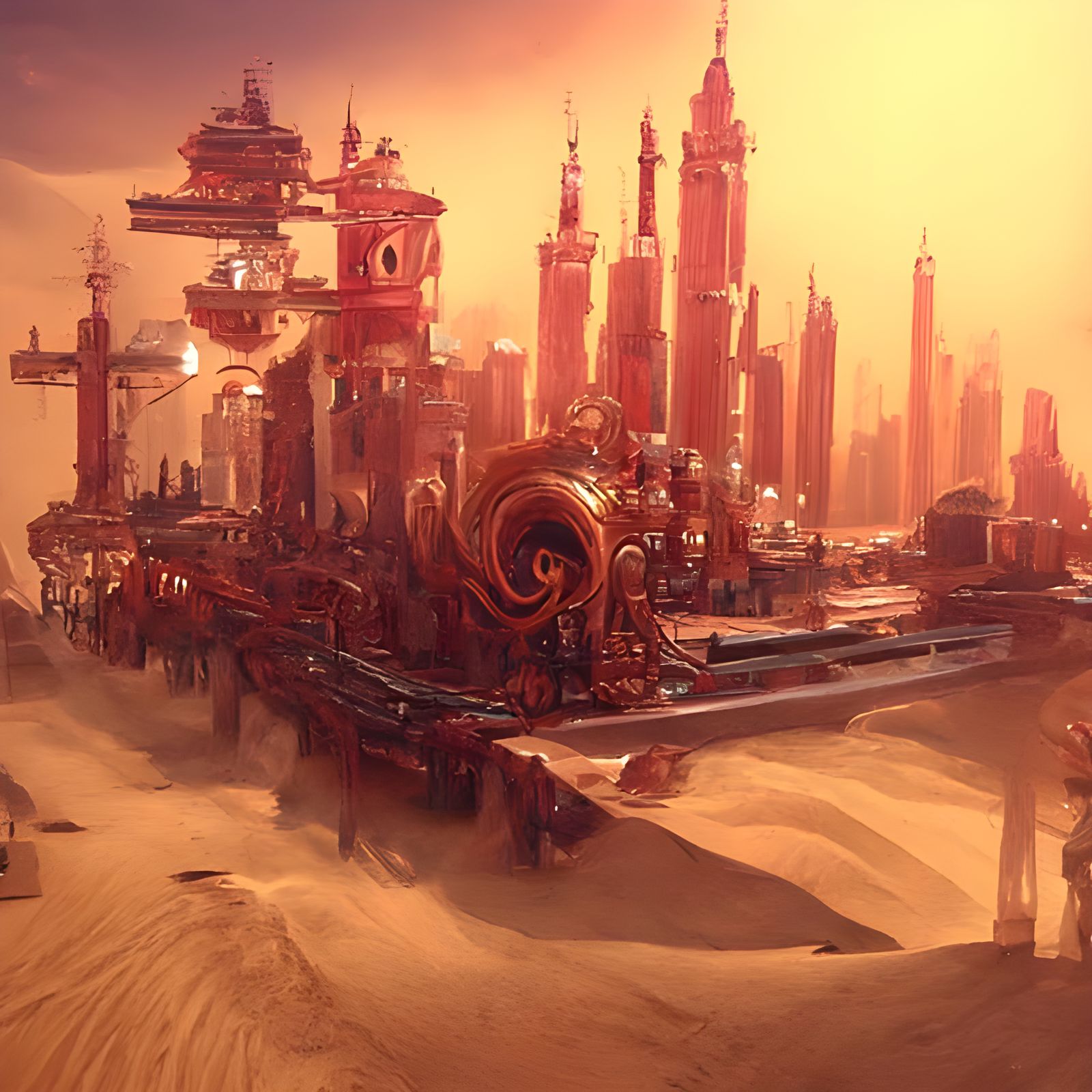 Steampunk Golden City in Sand Dunes, Digital Art