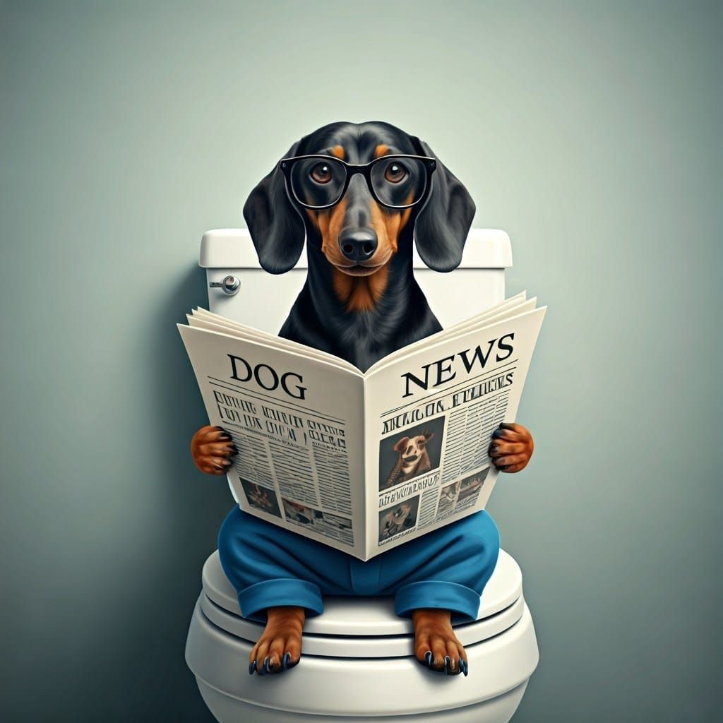 Dachshund Reads Newspaper on White Toilet Bowl