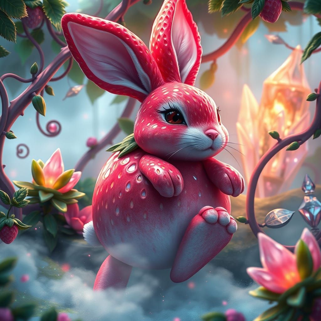 Whimsical Strawberry Bunny in Dreamlike Paradise