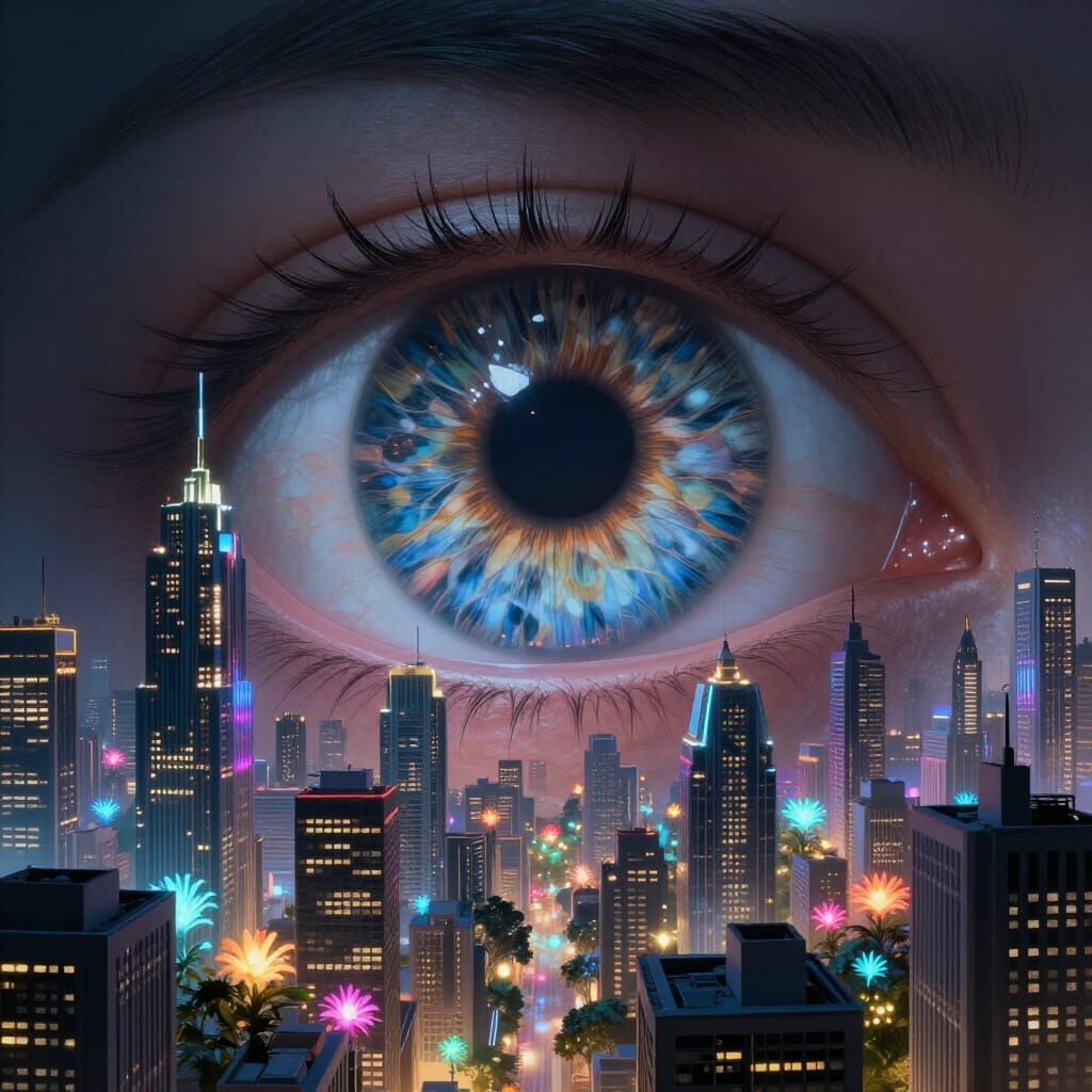 Futuristic City in Woman's Eye Iris