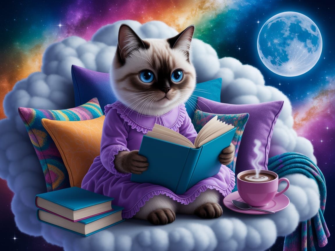 Anthropomorphic Siamese Cat Reading on Cloud