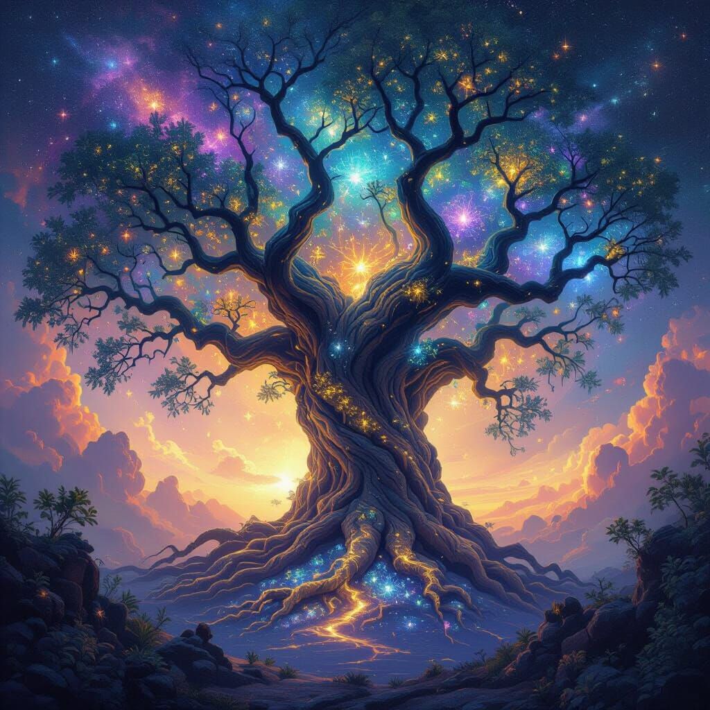 Ancient Cosmic Tree in Vibrant Nebula Digital Painting