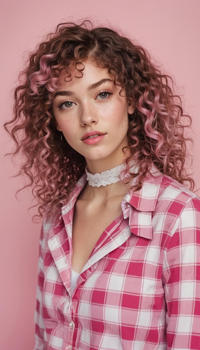 Pink-Haired Model in School Photo Style