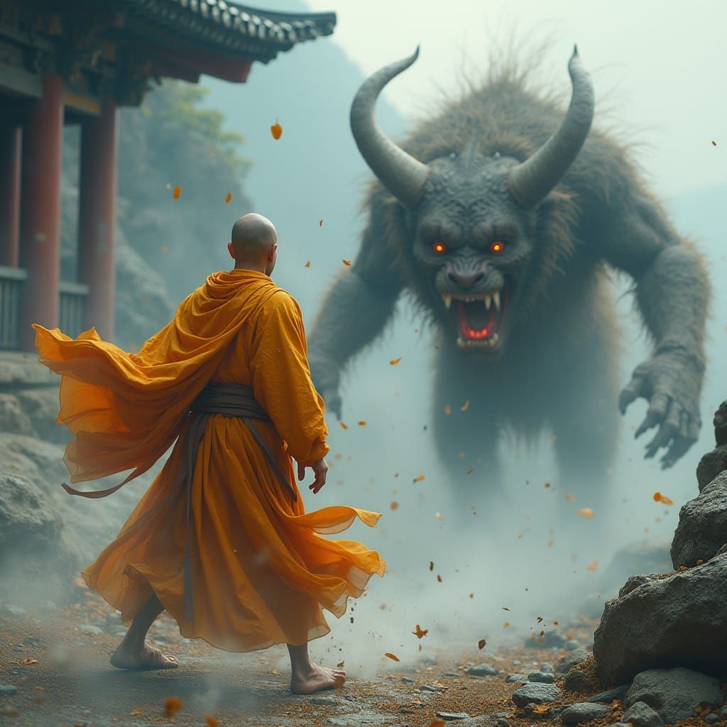 Monk Battles Demon in Hyperrealistic Temple Scene
