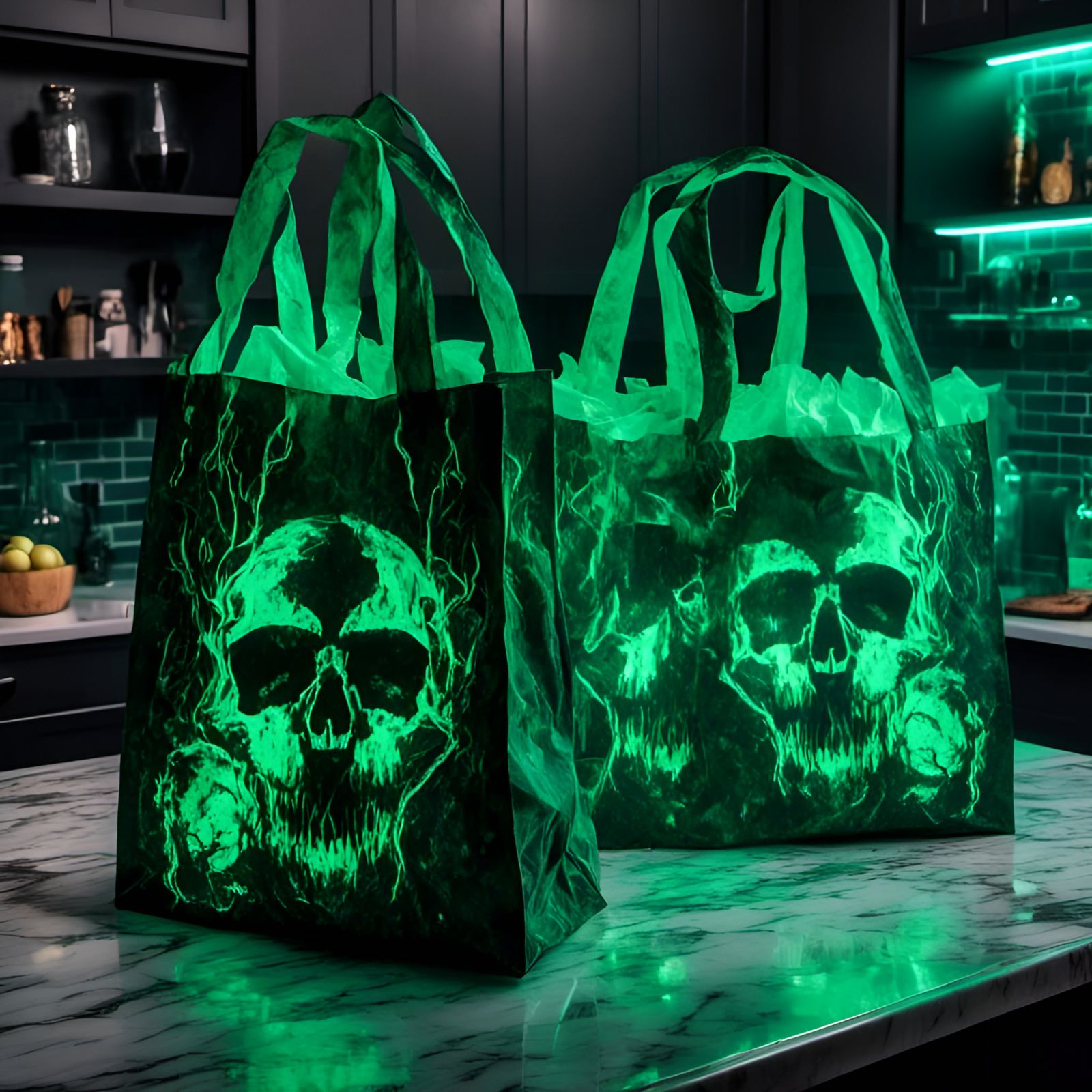 Glowing Grocery Bags on Kitchen Counter