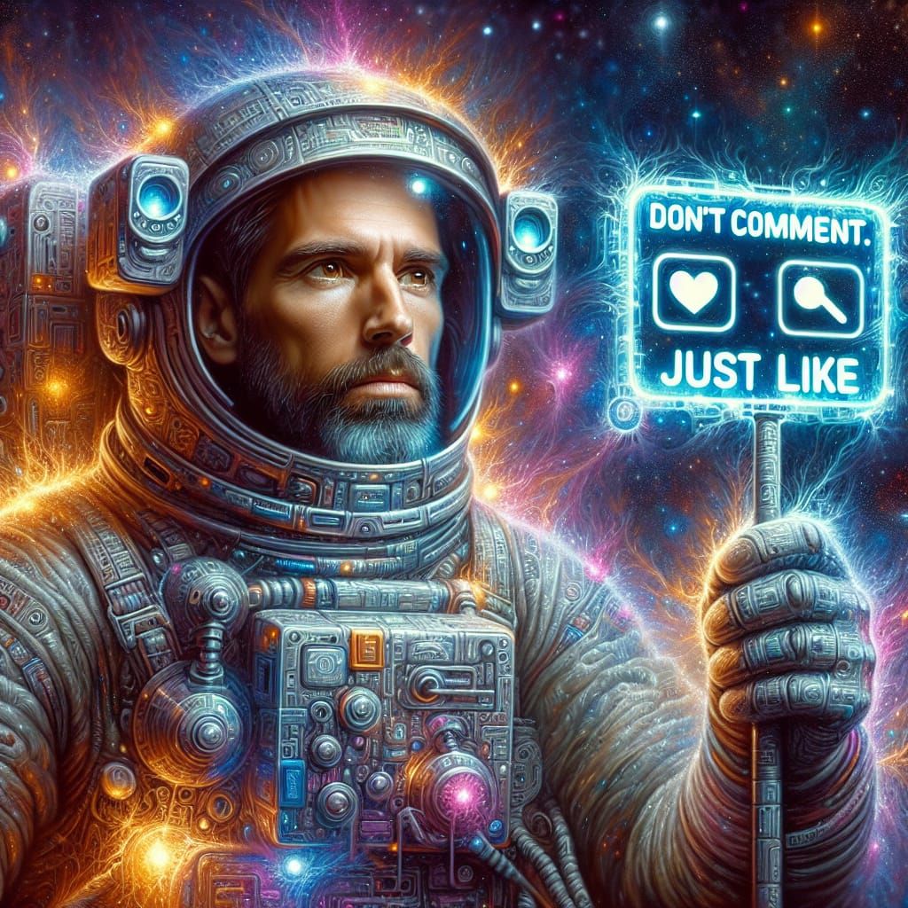 Astronaut in Oil Painting Holding Tech Sign in Space