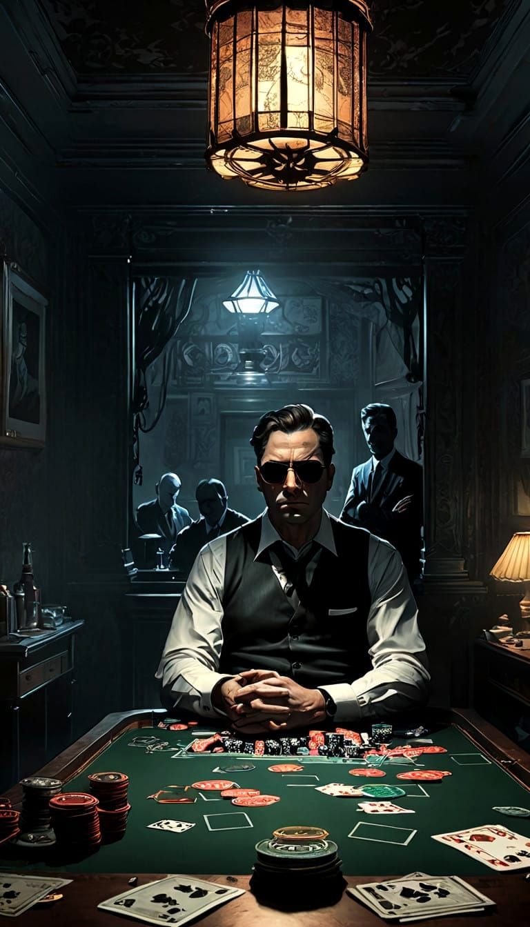 Neo-Noir Poker Table Scene in Intricate Detail