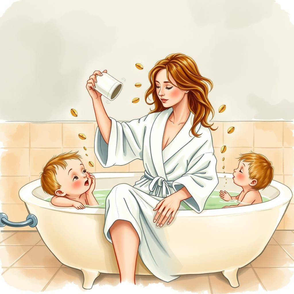 Whimsical Bath Time Scene in Watercolor Style
