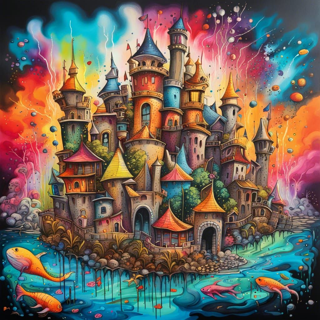 Underwater City with Sea Life in Graffiti Art