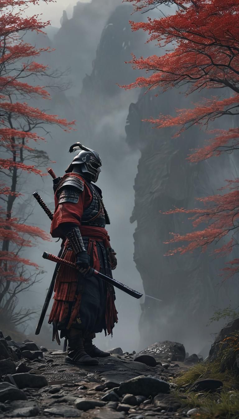 In this hyperrealistic, 4K full-body shot, a masked samurai ...