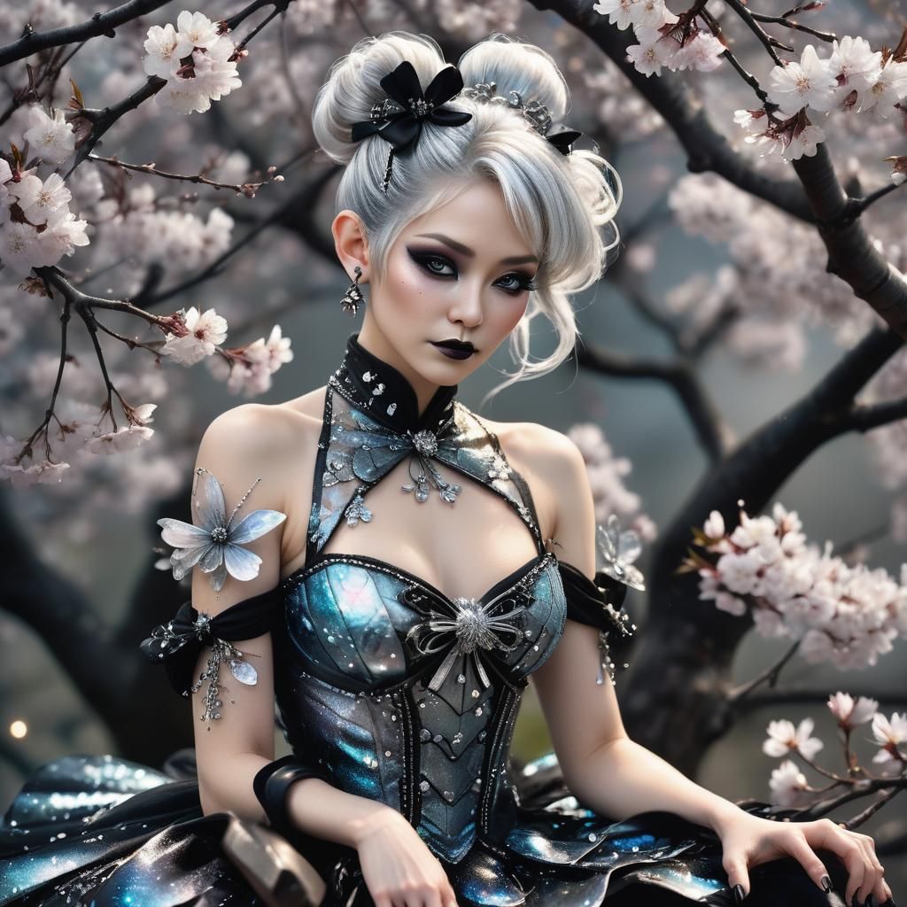 Bioluminescent Fairy with Silver Hair and Cherry Blossoms