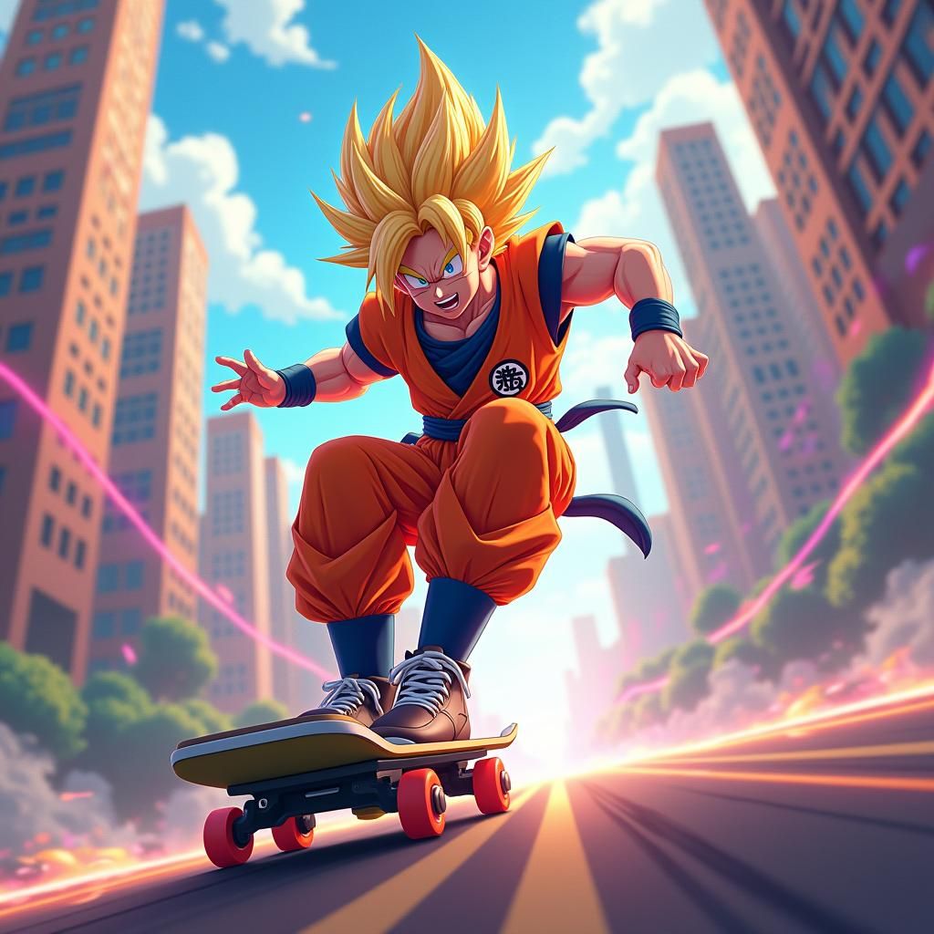 Goku Rides Roller Through Radiant Wormhole
