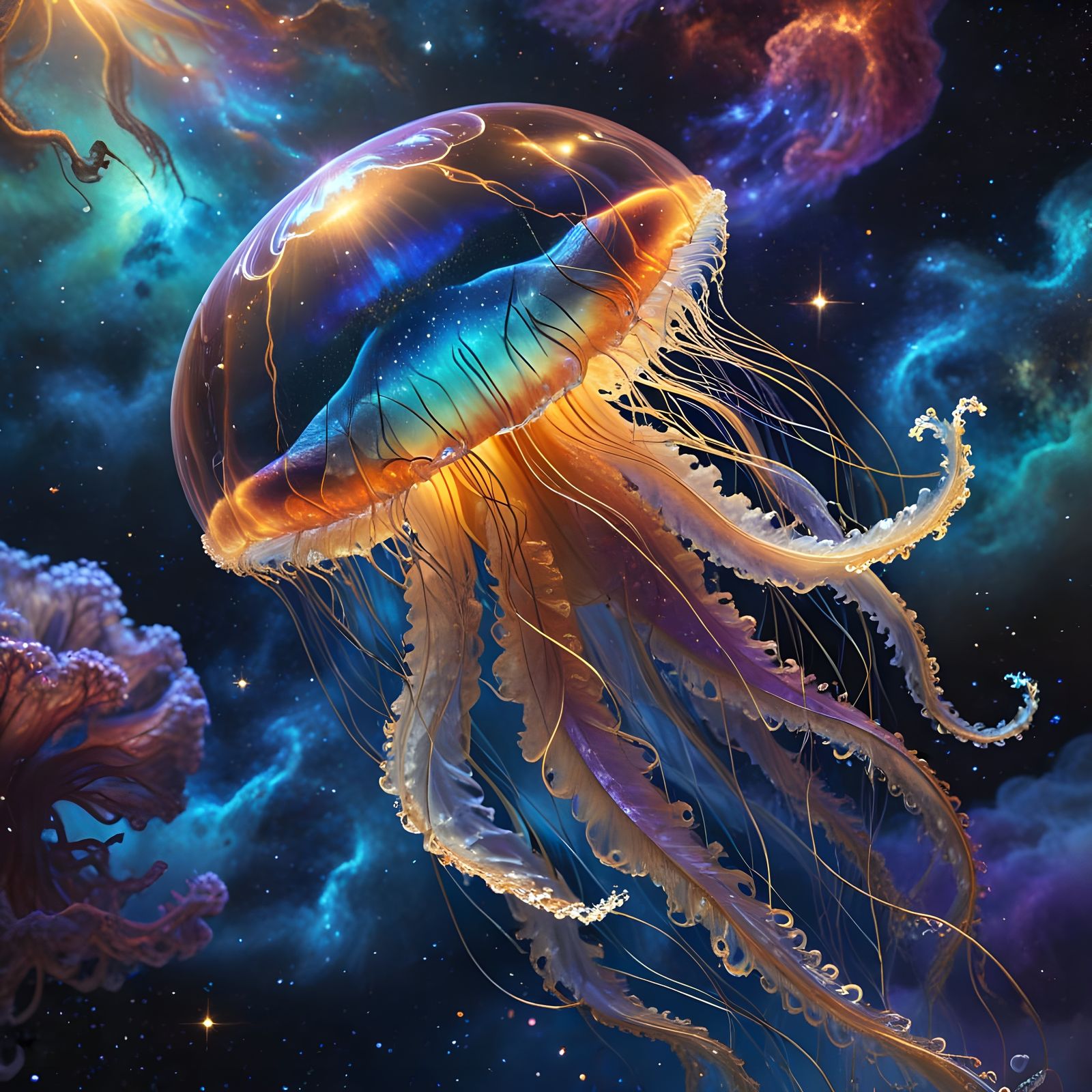 Celestial Jellyfish Floating Through Nebula in Art Nouveau S...