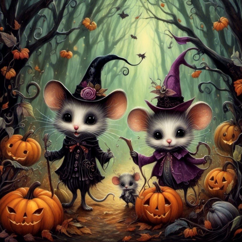 Mice in Halloween Forest, Dark Whimsy Style
