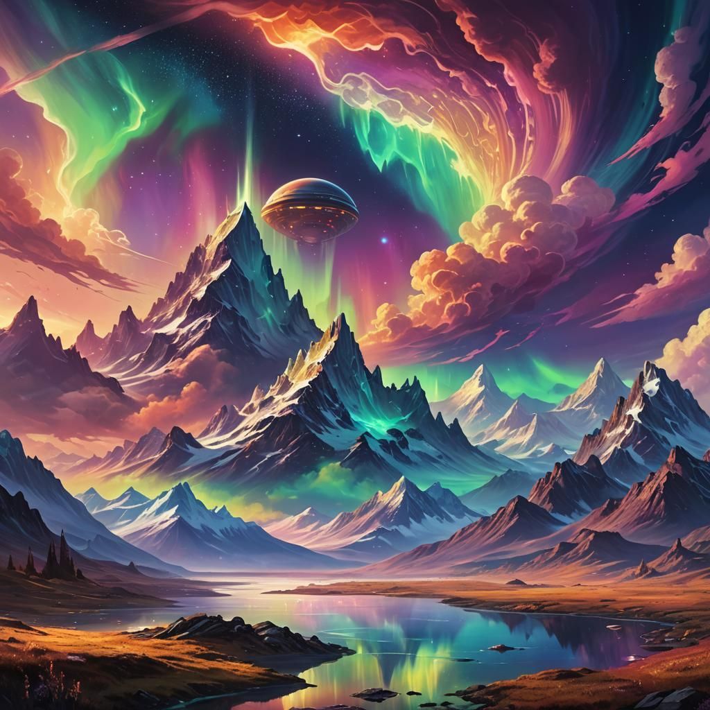Serene Alien World with Aurora Borealis, Oil Painting