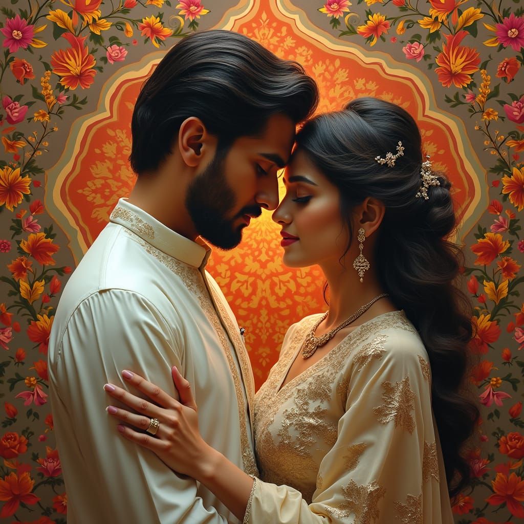 Couples in Traditional Pakistani Attire Embracing in Cultura...