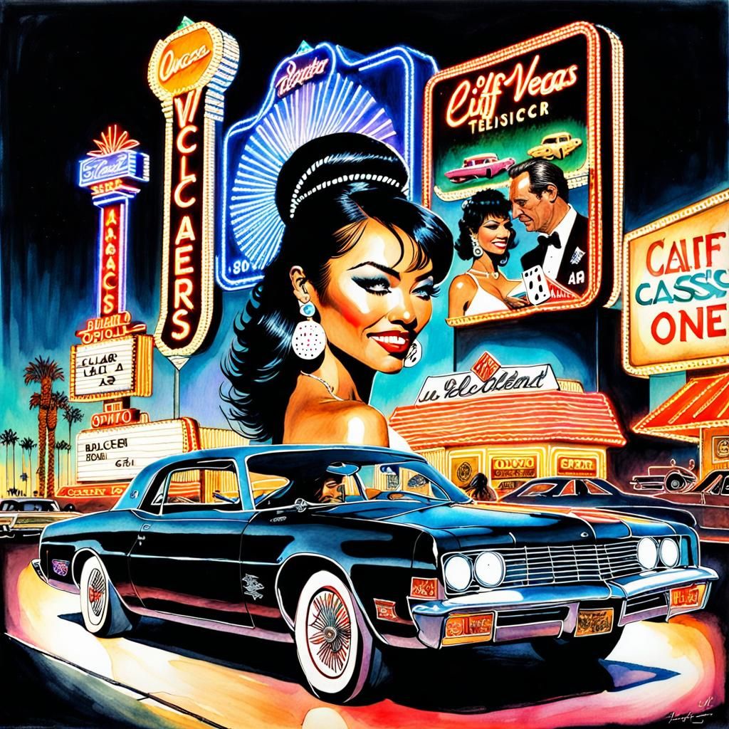 Retro Vegas Montage with Neon Lights in Art Nouveau Style