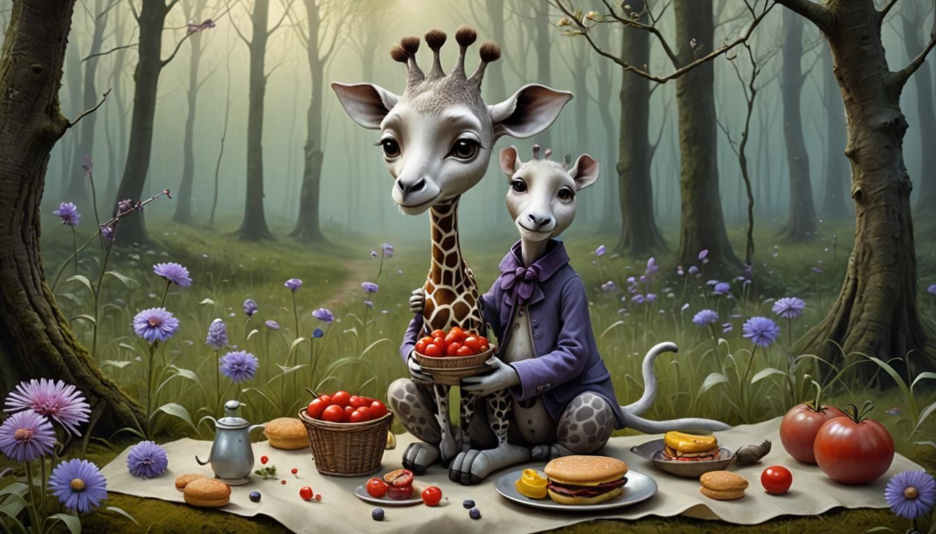 Surreal Giraffe Picnic, Fantasy Illustration