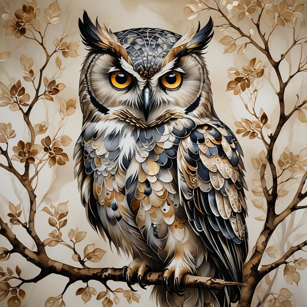 Orphism Owl in Hyperrealistic Alcohol Ink Style