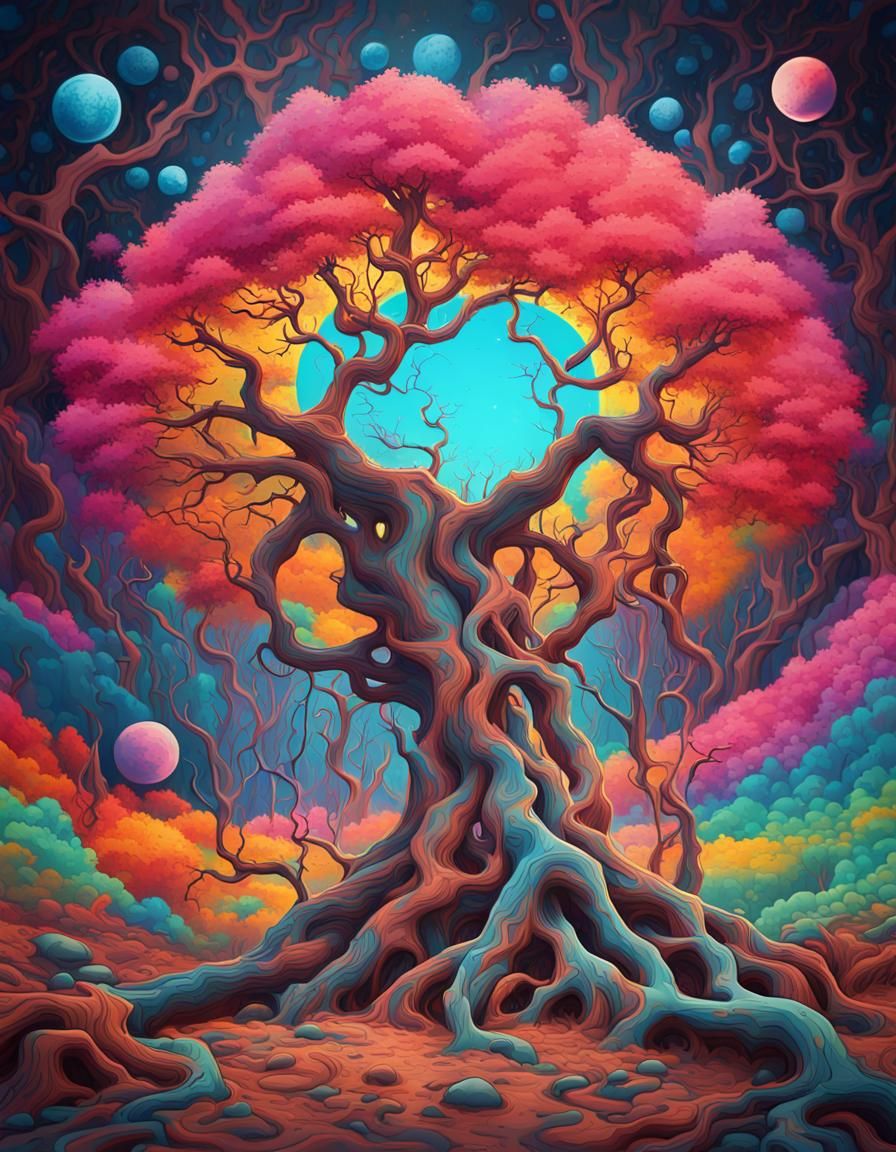 Psychedelic Alien Forest with Graffiti Art Moon