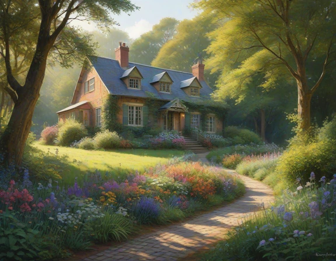 Sunlit Home in Forest Clearing, Detailed Digital Art