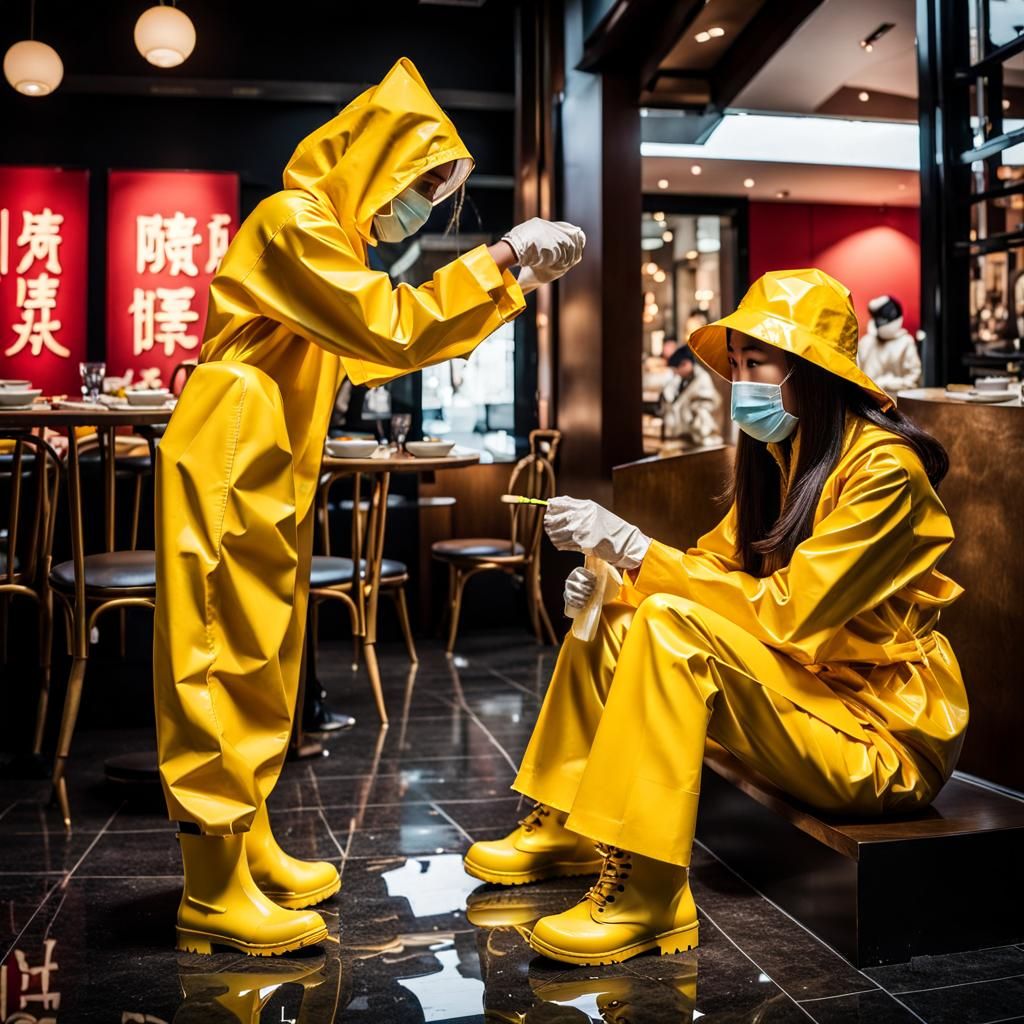Woman in Yellow Rainsuit Cleaning Restaurant Floor