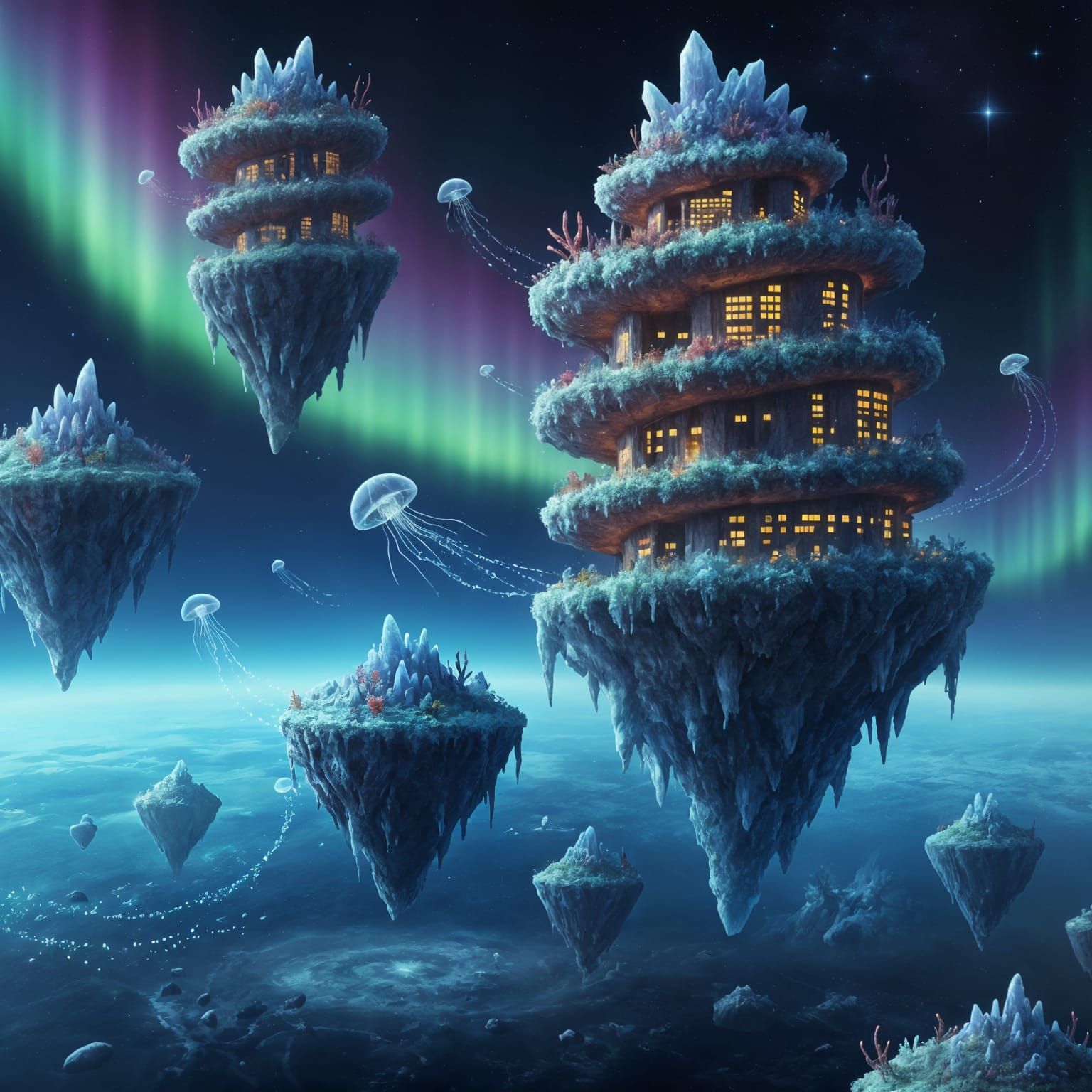 Bioluminescent Coral Islands in Alien Sky