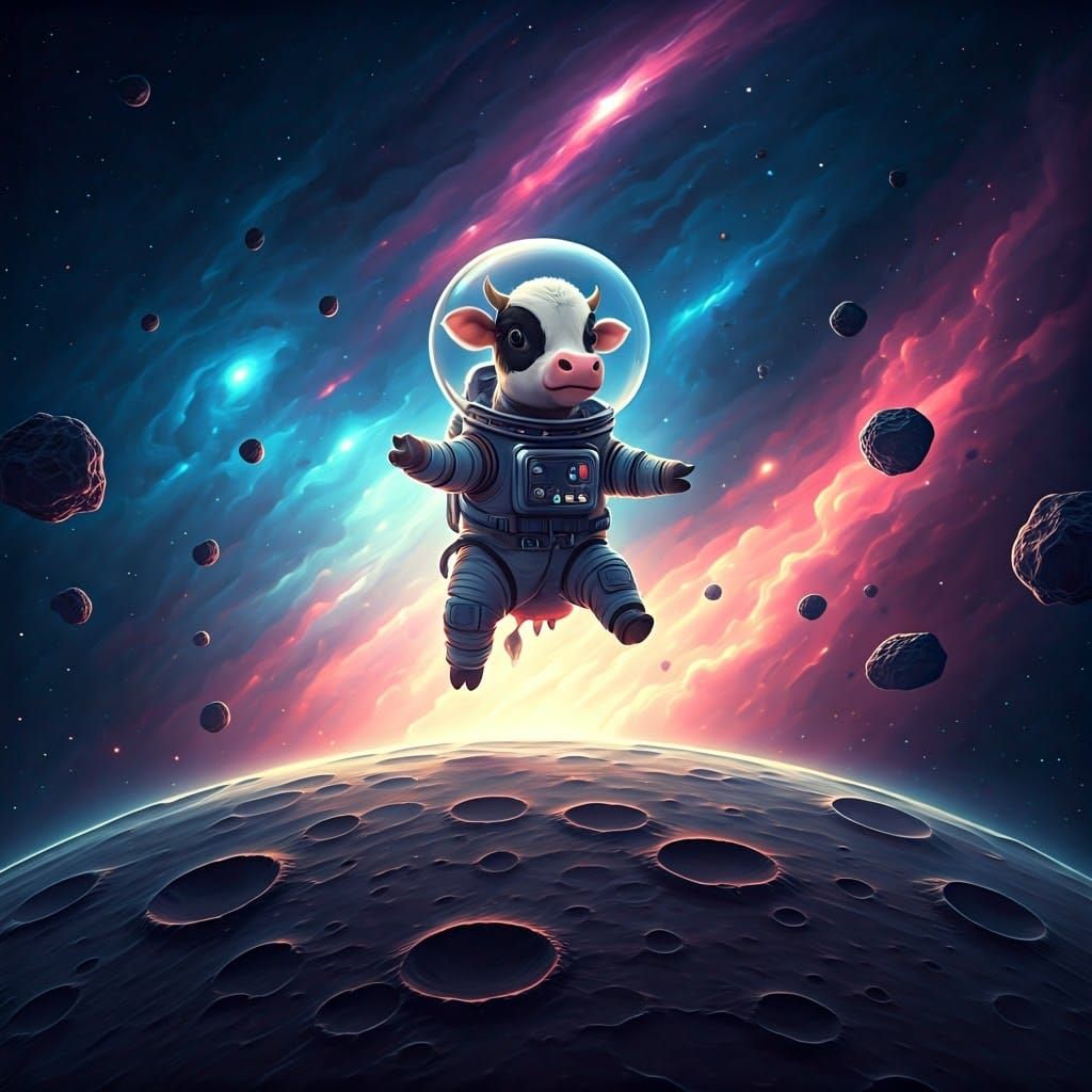Baby Cow Astronaut Escaping Asteroid Field