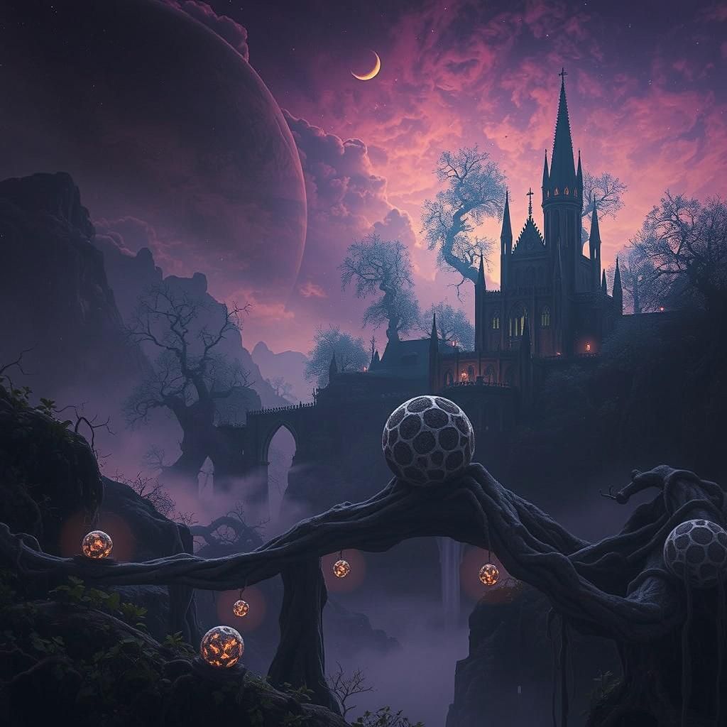 Mystical Gothic Landscape with Ethereal Orbs