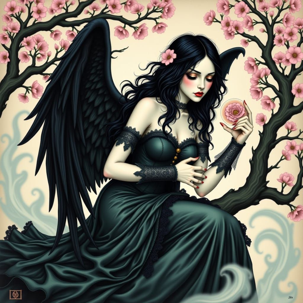 Gothic Angel Contemplates Human Sorrow in Whimsical Cherry B...