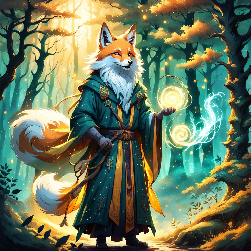 Kitsune Wizard Casting Spell in Mystical Forest