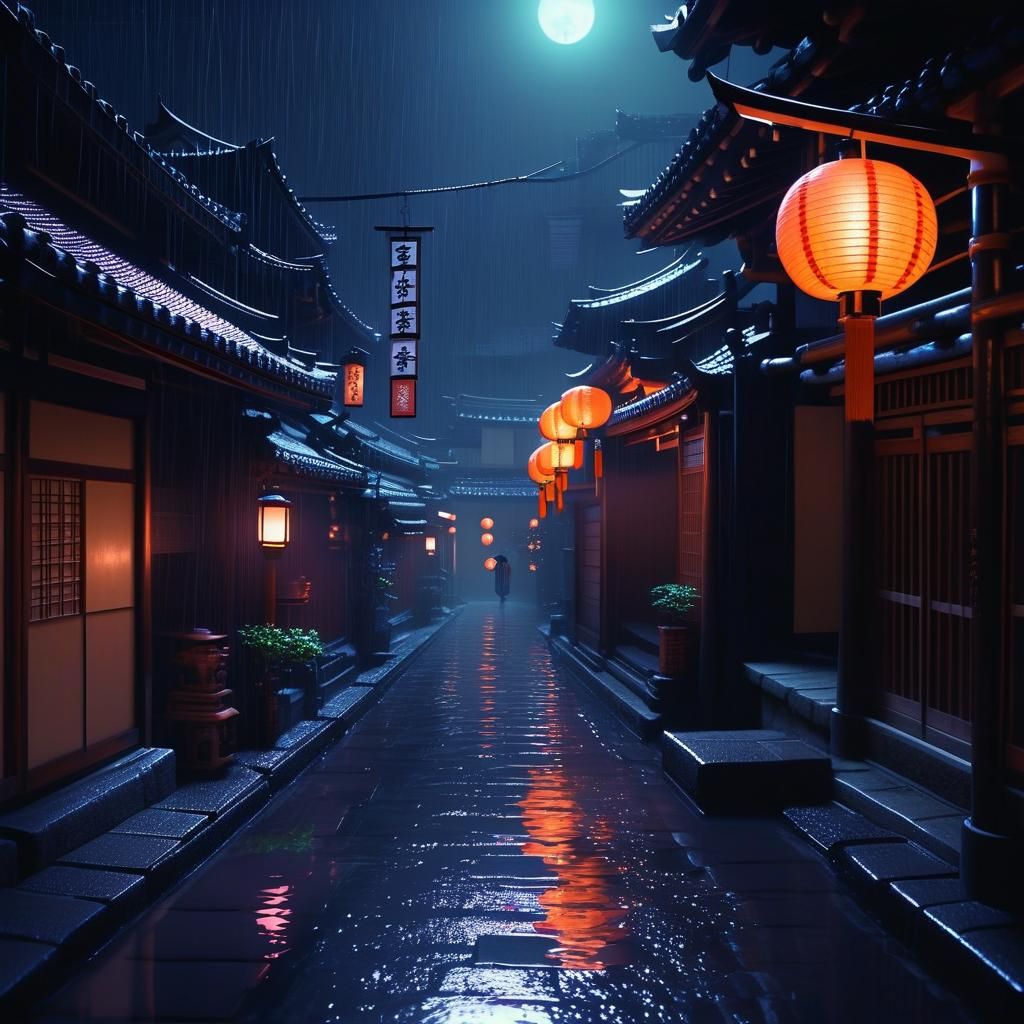 Neon Japanese Street at Midnight in Dark Fantasy Style