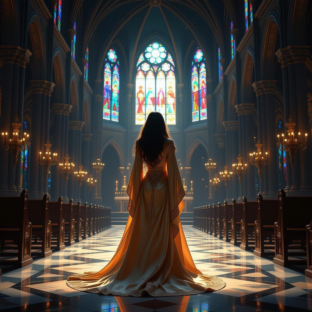 Gothic Cathedral Moonlight Scene with Solitary Woman