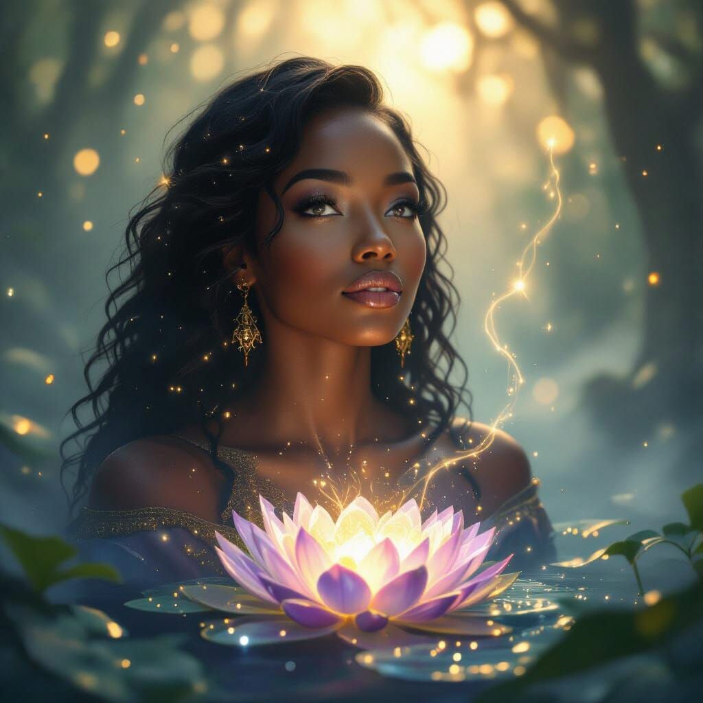 Radiant Woman Holding Cosmic Lotus Portal