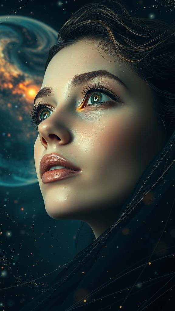 Woman Gazing at Galaxy in Biomechanical Style