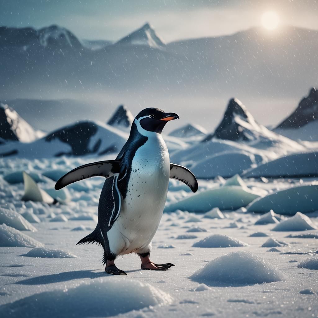 Penguin with Shark Fin in Icy Galaxy